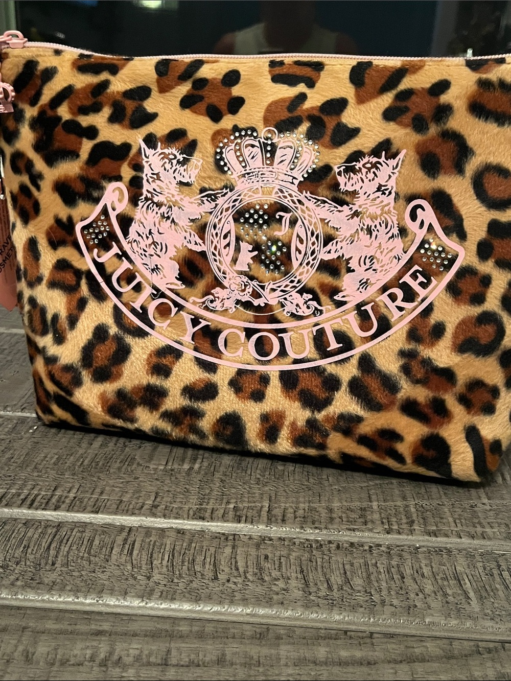 Juicy Couture Leopard Print Fuzzy Cosmetic Bag with Pink Logo